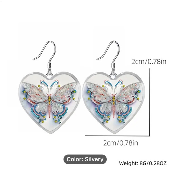 Multicolor Butterfly Pattern Heart Shaped Glass Pendant Earrings. - Picture 3 of 3